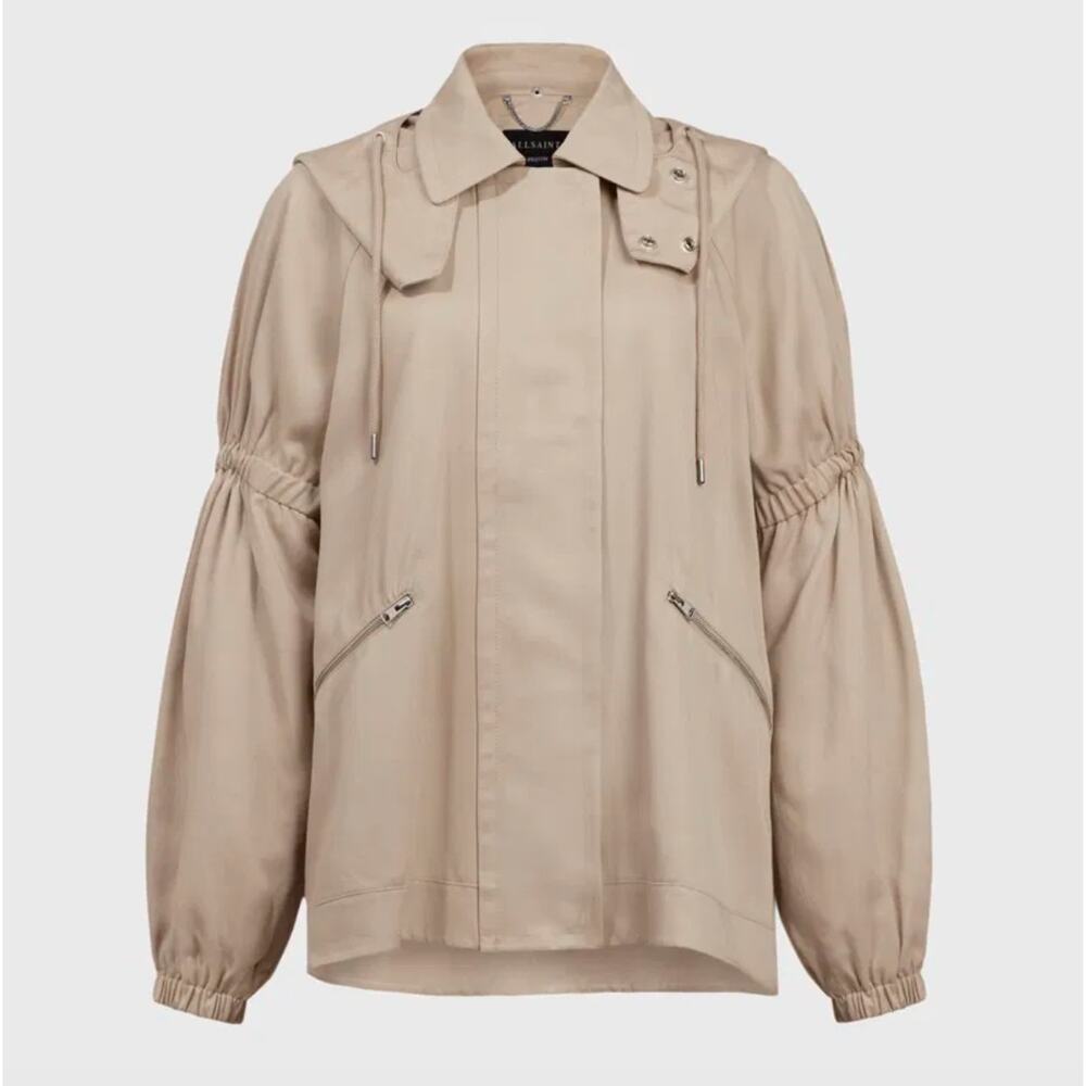 ALLSAINTS Hooded Zippered Cherry Jacket XS Tan Beige Relaxed Fit Outdoor